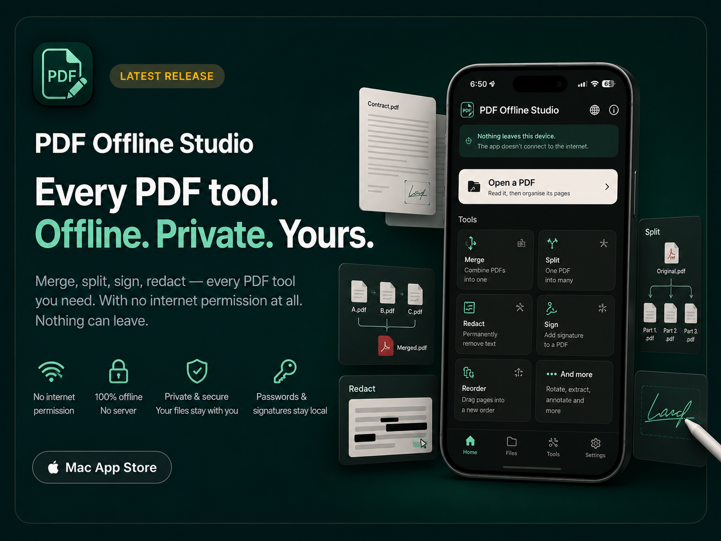 PDF Offline Studio artwork: &ldquo;Every PDF tool. Offline. Private. Yours.&rdquo; &mdash; the app on iPhone beside merge, split, redact and signature examples, and four claims: no internet permission, 100% offline, private and secure, passwords and signatures stay local.